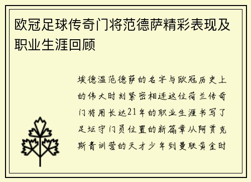 欧冠足球传奇门将范德萨精彩表现及职业生涯回顾